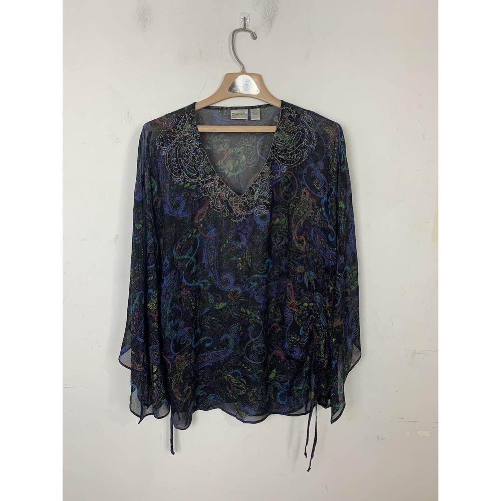 Chicos Women Shirt Small Black Dark Cottagecore Beaded Witchy Peasant Fairy Goth